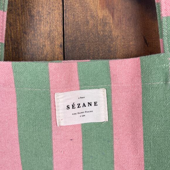 Sezane Bonjour Texas Tote Canvas Bag Striped Green Pink Shopper Tote - Picture 3 of 10